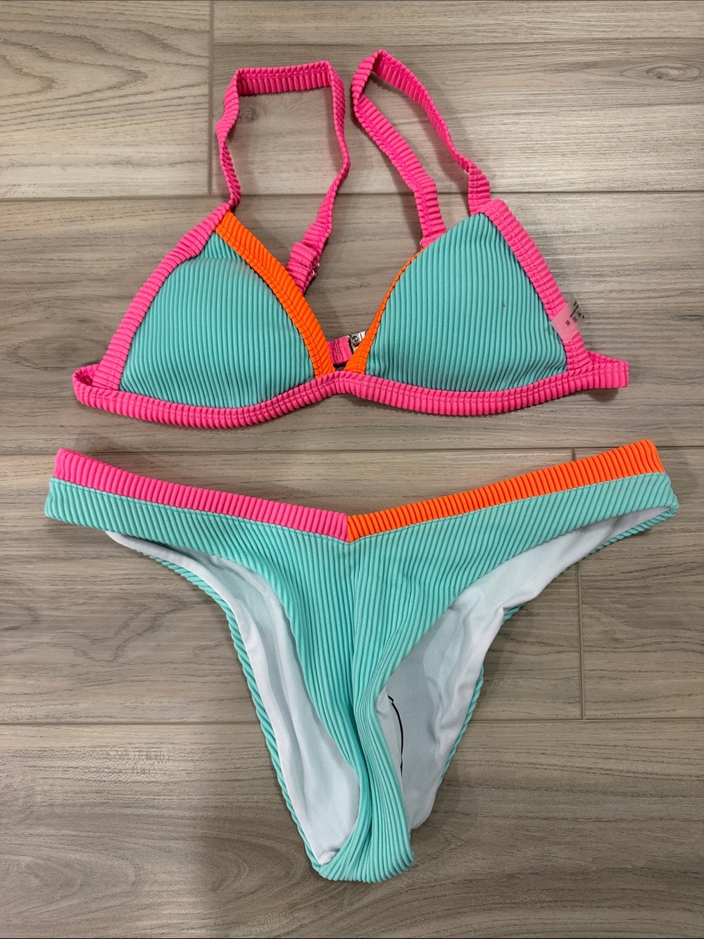 Aqua Ribbed Triangle Bikini Set with Pink & Orange Trim